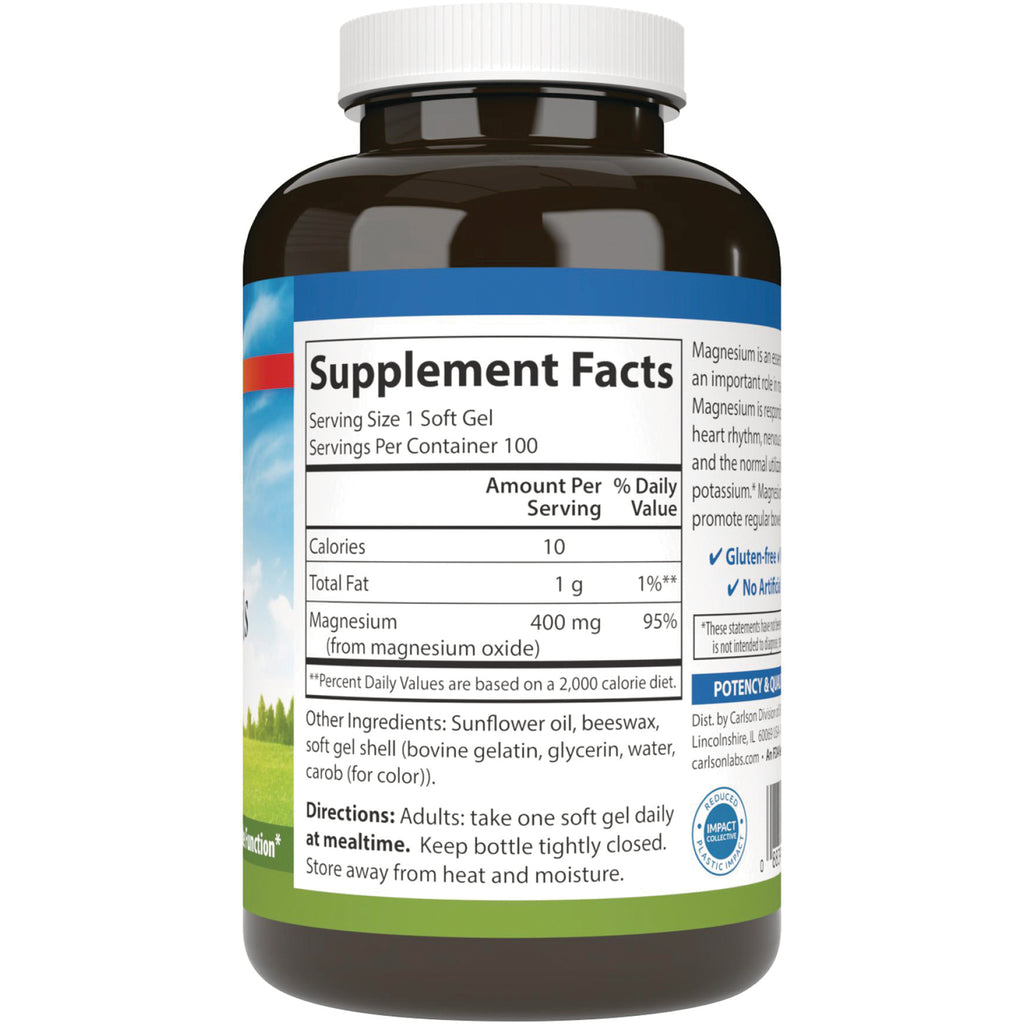 CSN161 | back label showing Supplement Facts panel, serving size 1 soft gel, magnesium 400 mg, other ingredients and directions - Thumbnail