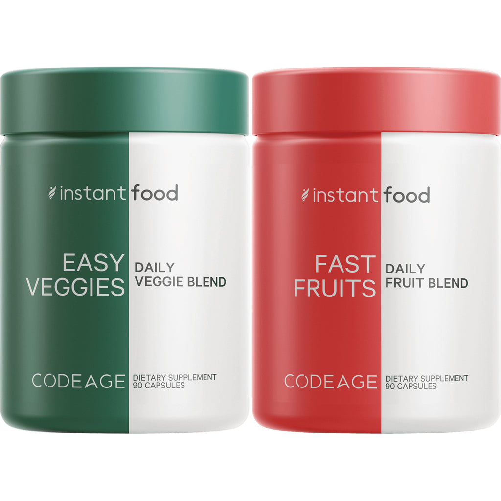 CDG012 | two CODEAGE supplement jars side-by-side, left green Easy Veggies daily veggie blend and right red Fast Fruits daily fruit blend - Thumbnail