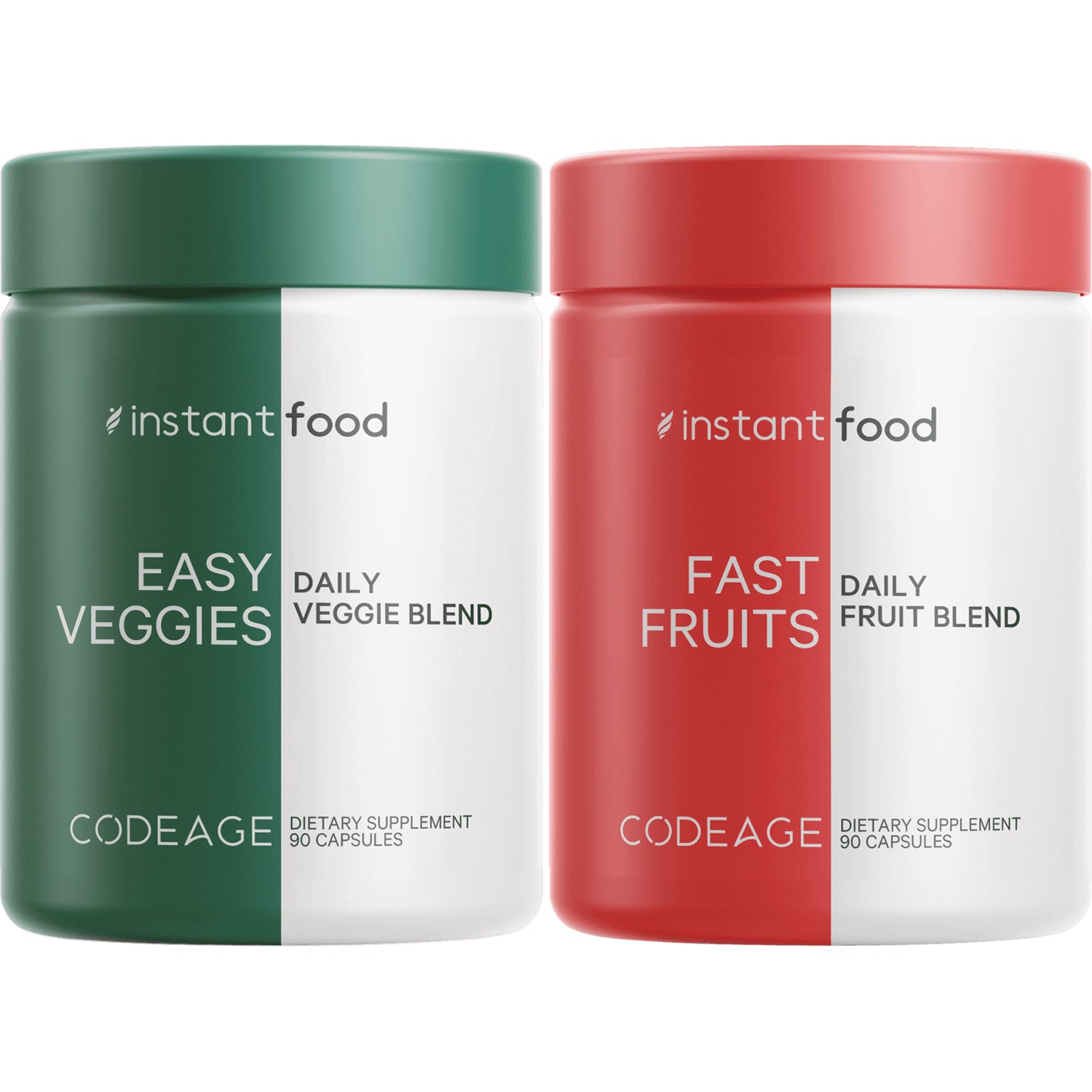 CDG012 | two CODEAGE supplement jars side-by-side, left green Easy Veggies daily veggie blend and right red Fast Fruits daily fruit blend