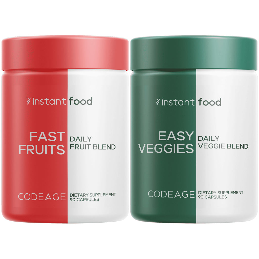 CDG012 | two CODEAGE supplement jars side-by-side, left green Easy Veggies daily veggie blend and right red Fast Fruits daily fruit blend - Thumbnail