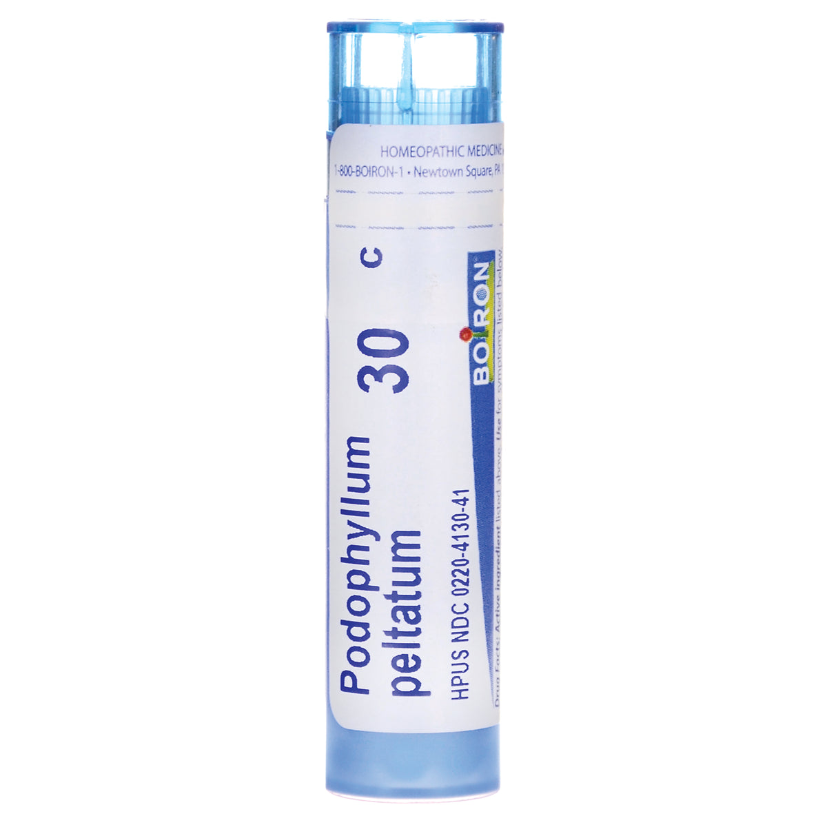 BRN107 | tube of homeopathic pellets labeled Podophyllum peltatum 30C with blue cap and BOIRON logo