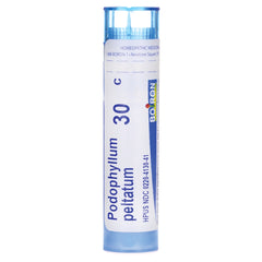 BRN107 | tube of homeopathic pellets labeled Podophyllum peltatum 30C with blue cap and BOIRON logo