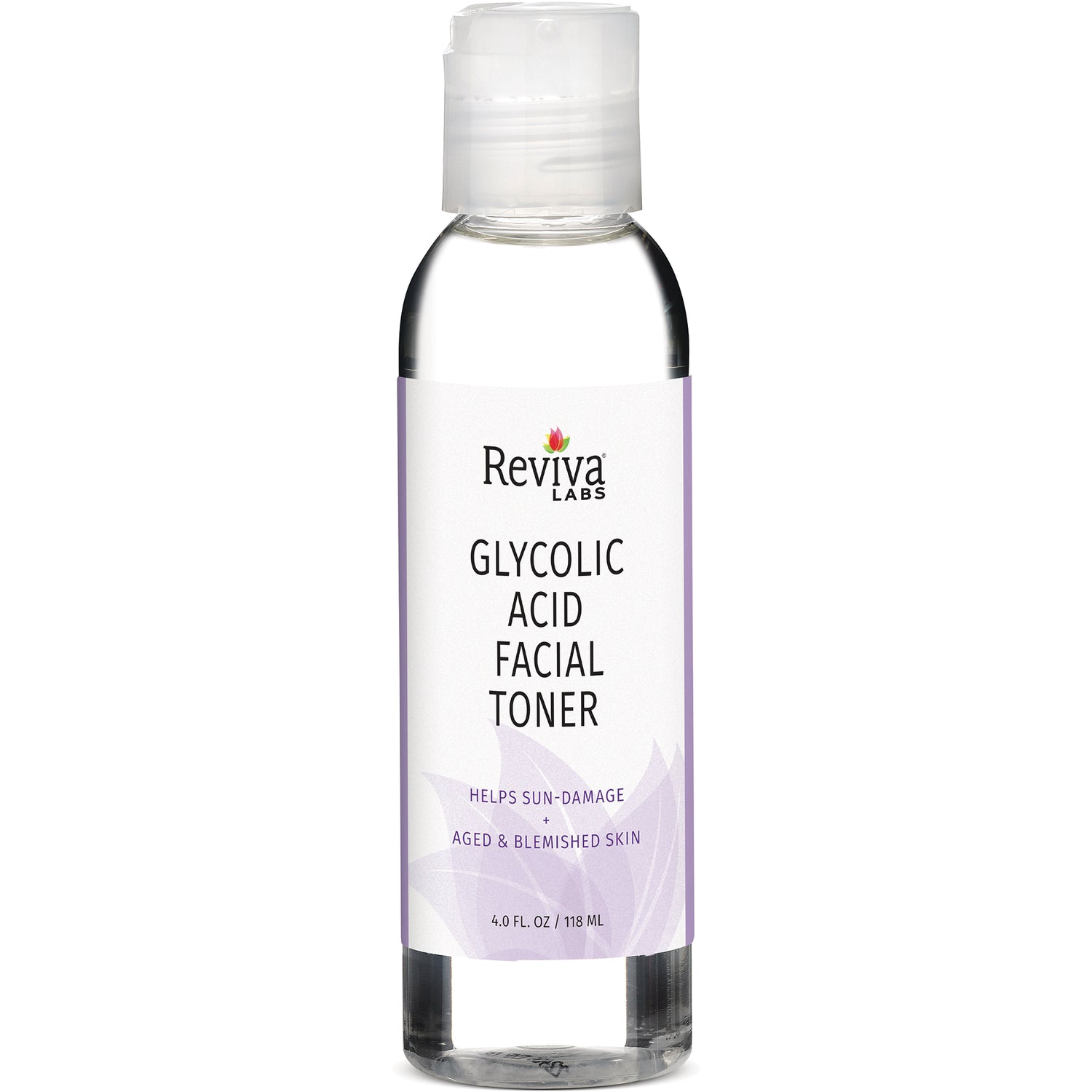 RV049 | Reviva Labs Glycolic Acid Facial Toner front label on clear 4.0 fl oz bottle with flip cap