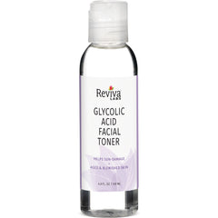 RV049 | Reviva Labs Glycolic Acid Facial Toner front label on clear 4.0 fl oz bottle with flip cap