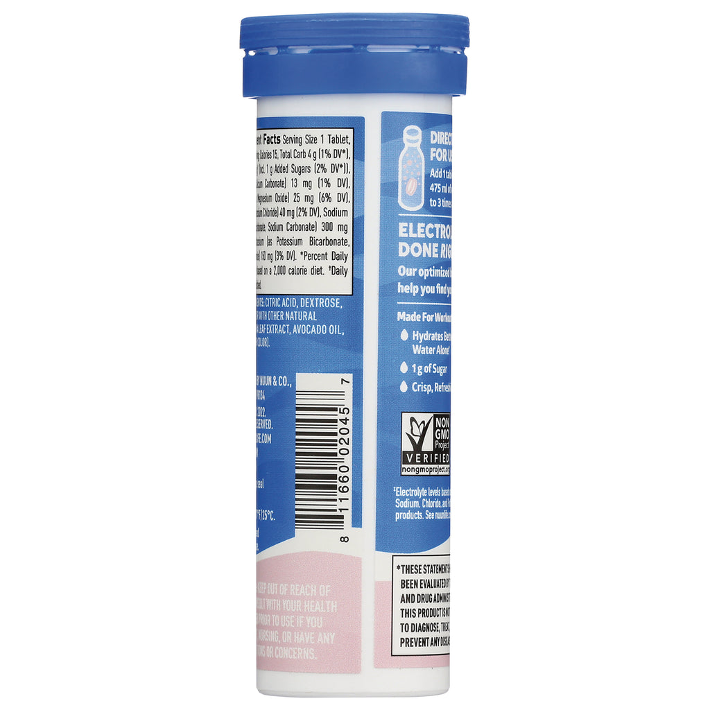 NUN019 | Back of blue and white effervescent tablet tube showing nutrition facts, barcode, and Non-GMO Project Verified badge - Thumbnail