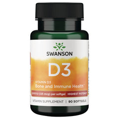 SW1371 | Swanson Vitamin D3 5,000 IU (125 mcg) per softgel, 250 softgels, Bone and Immune Health