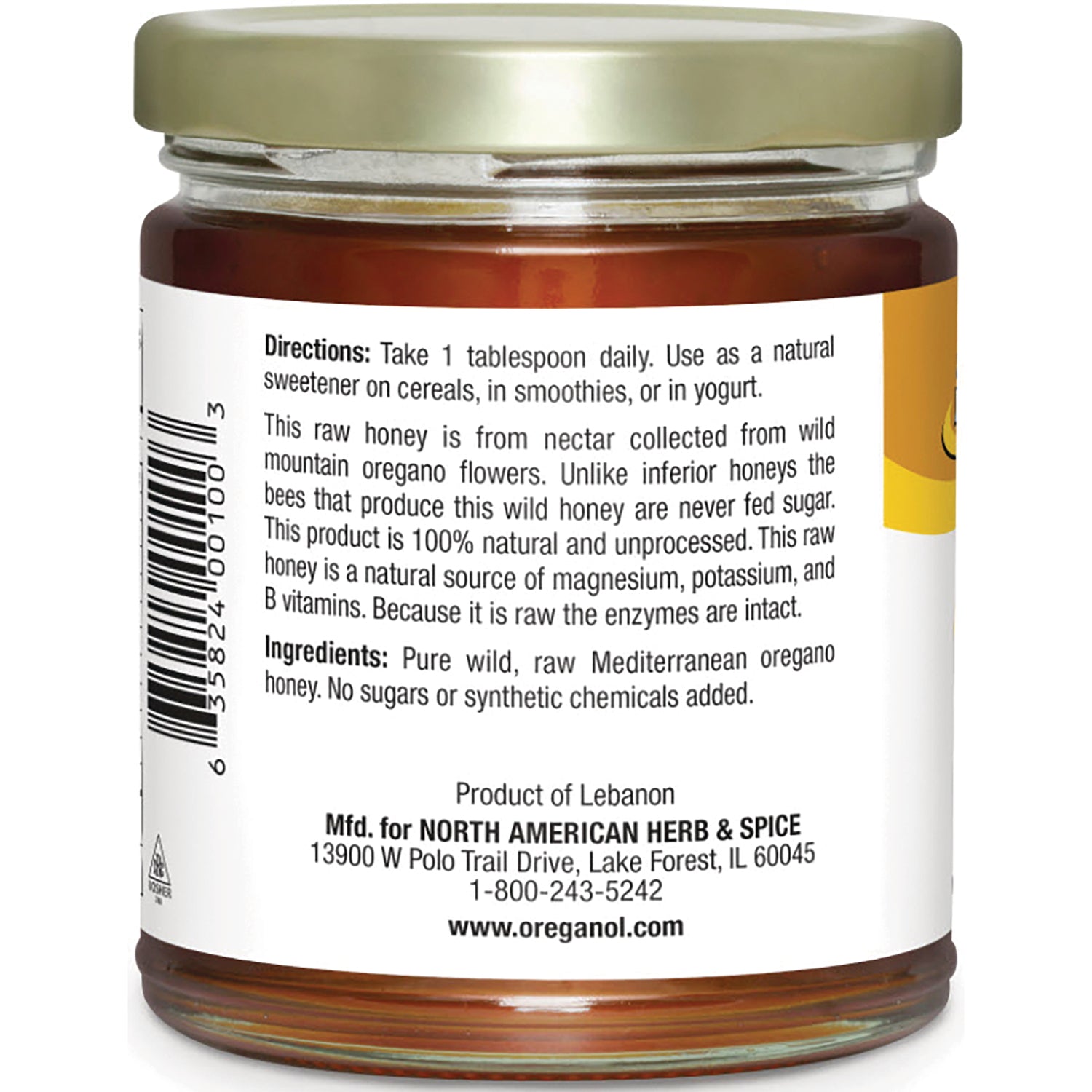 NHS090 | Back label of honey jar showing directions, ingredients, barcode, Product of Lebanon and manufacturer contact
