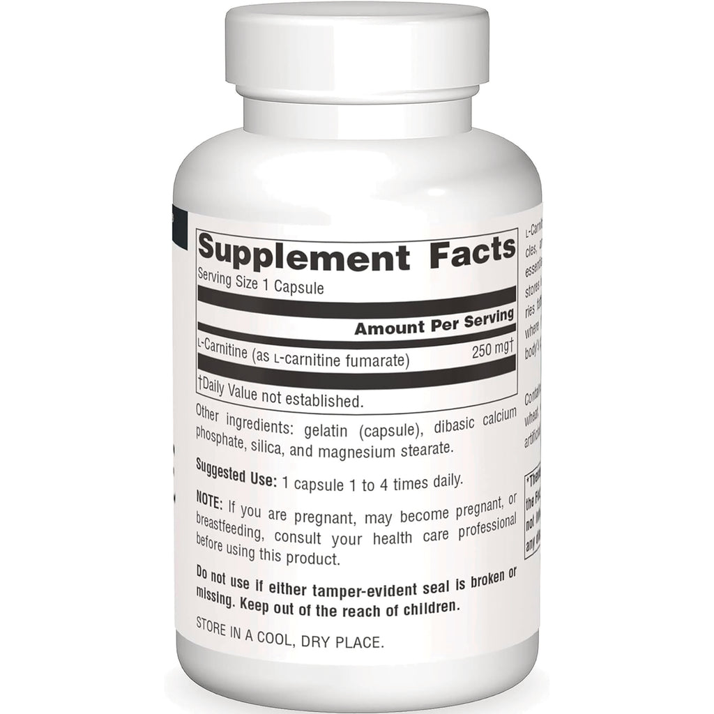 SN563 | Back label with Supplement Facts and other ingredients for L-Carnitine 250 mg per capsule - Thumbnail