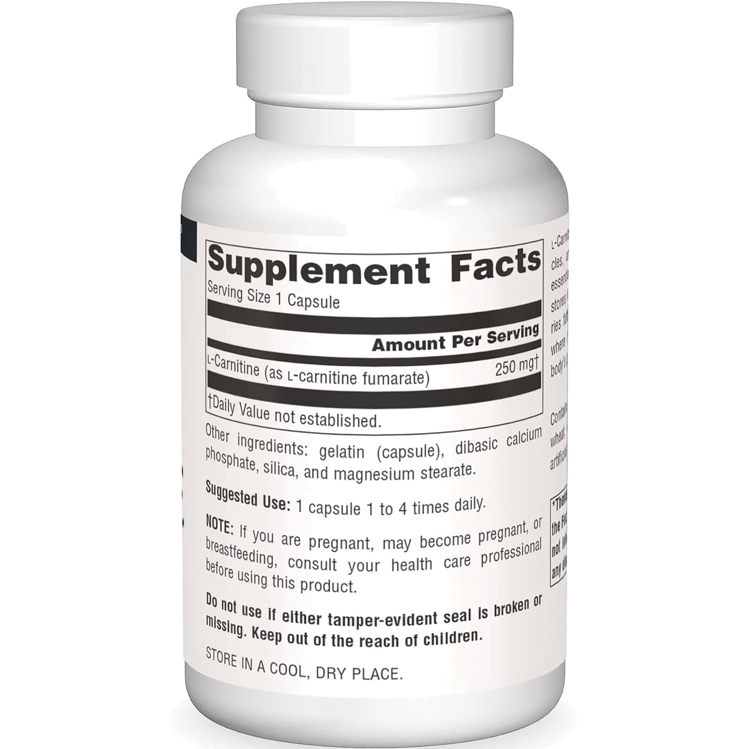 SN563 | Back label with Supplement Facts and other ingredients for L-Carnitine 250 mg per capsule
