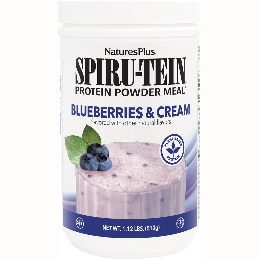 NTP082 | NaturesPlus SPIRU-TEIN protein powder, Blueberries & Cream flavor tub showing label and smoothie image - Thumbnail