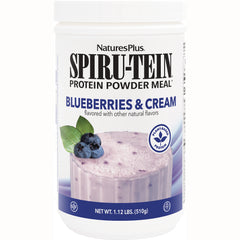 NTP082 | NaturesPlus SPIRU-TEIN protein powder, Blueberries & Cream flavor tub showing label and smoothie image