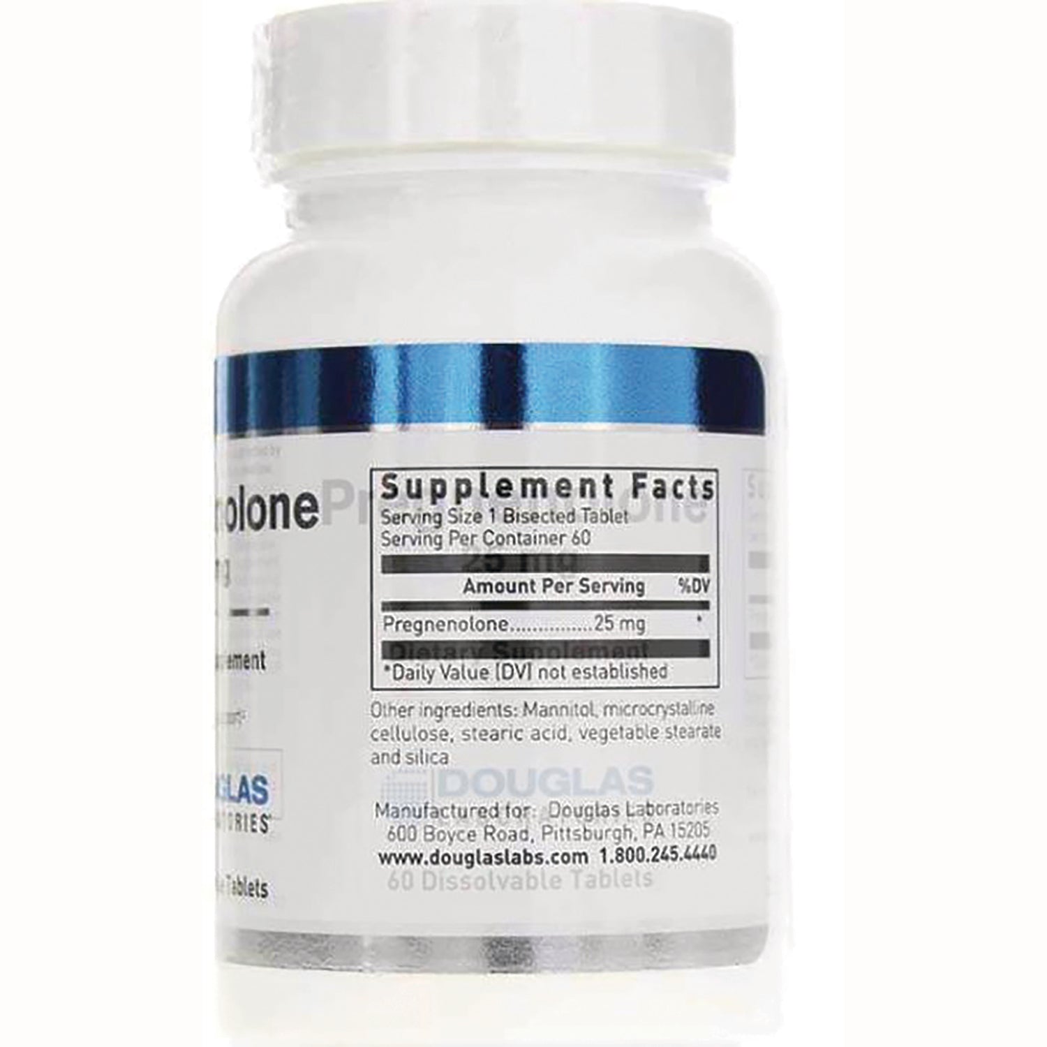 DGL032 | Back of white supplement bottle showing Supplement Facts panel and Pregnenolone 25 mg label