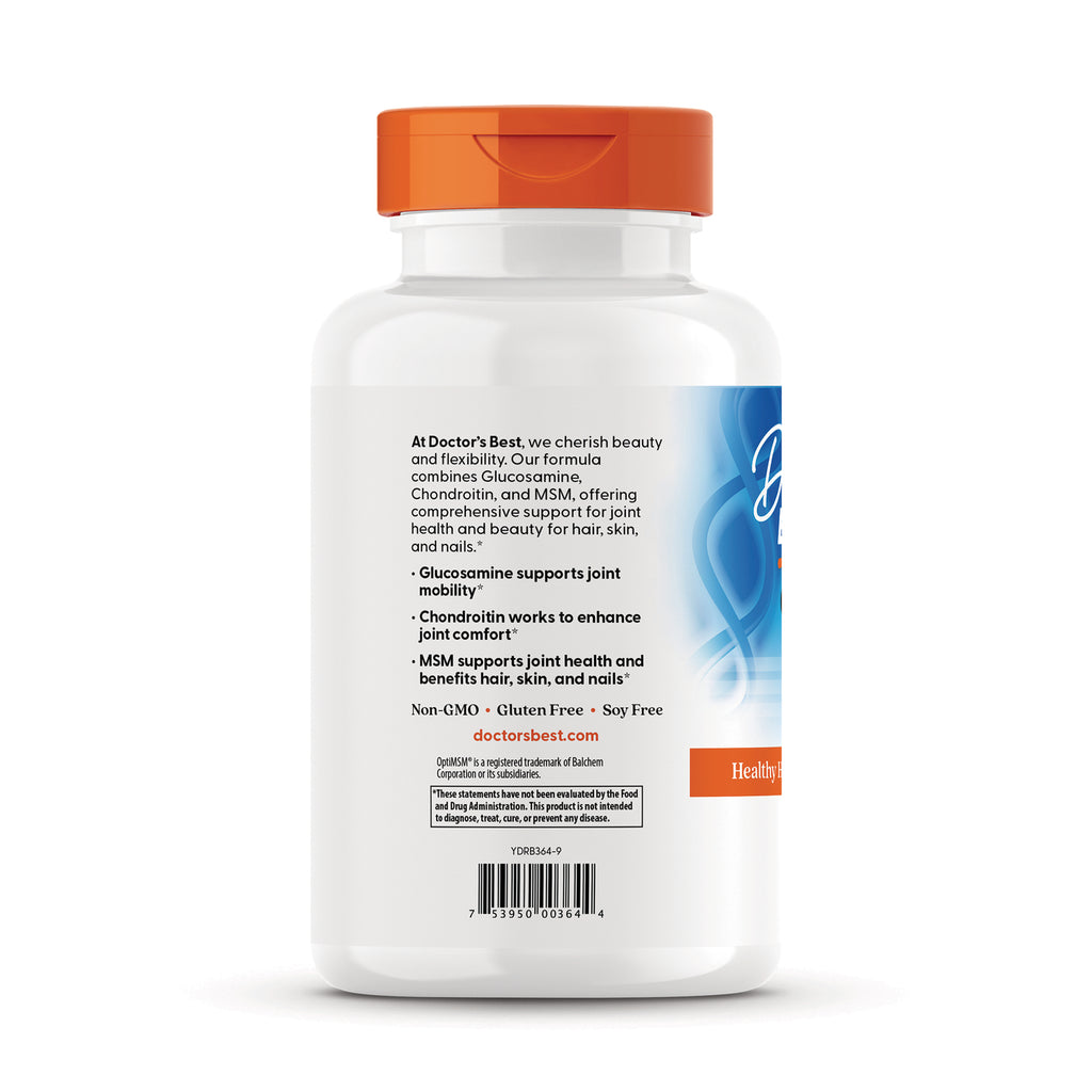 DB238 | Back label of white supplement bottle listing Glucosamine, Chondroitin, MSM benefits, Non-GMO, and barcode - Thumbnail