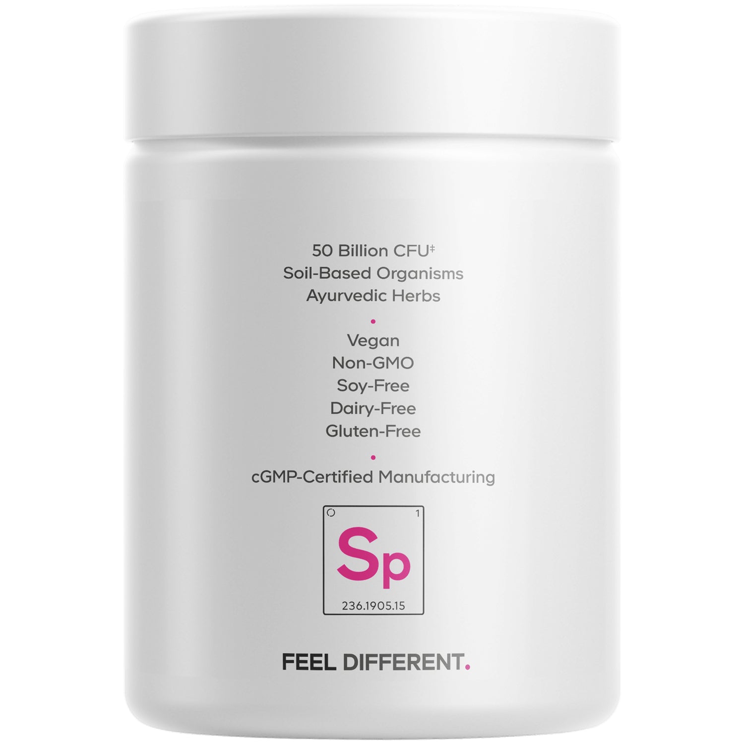 CDG053 | Back of white supplement jar listing 50 Billion CFU, Vegan, Non-GMO, soy-free, dairy-free, gluten-free