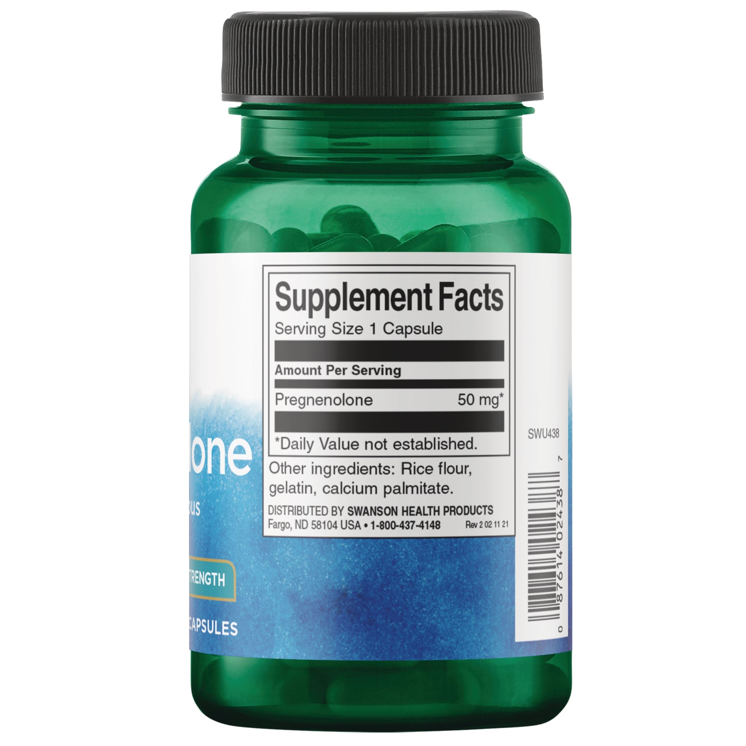 SWU438 | Back label with Supplement Facts: Serving Size 1 Capsule, Pregnenolone 50 mg