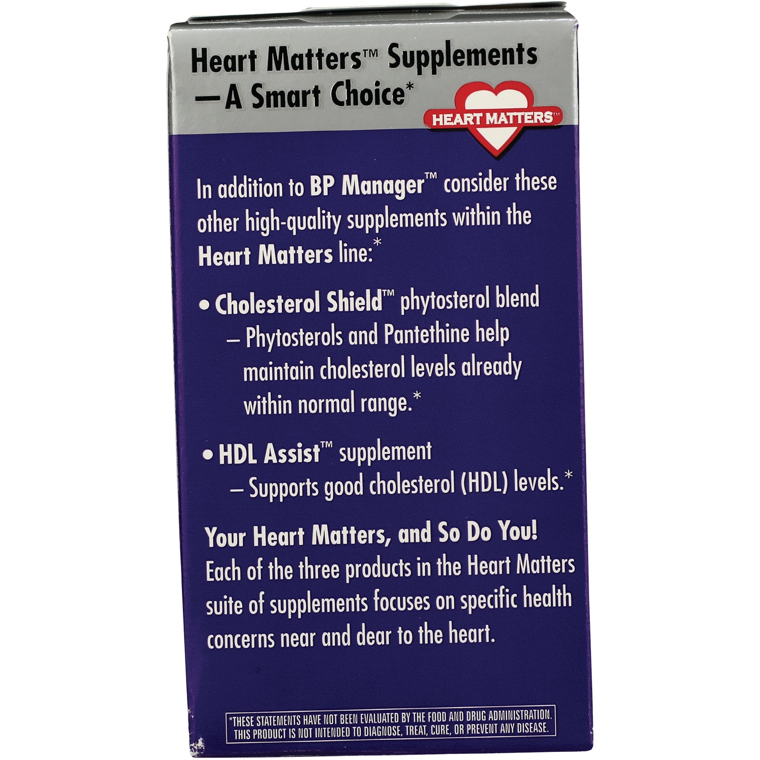 ET302 | product side panel for Heart Matters supplements listing Cholesterol Shield phytosterol blend and HDL Assist supplement