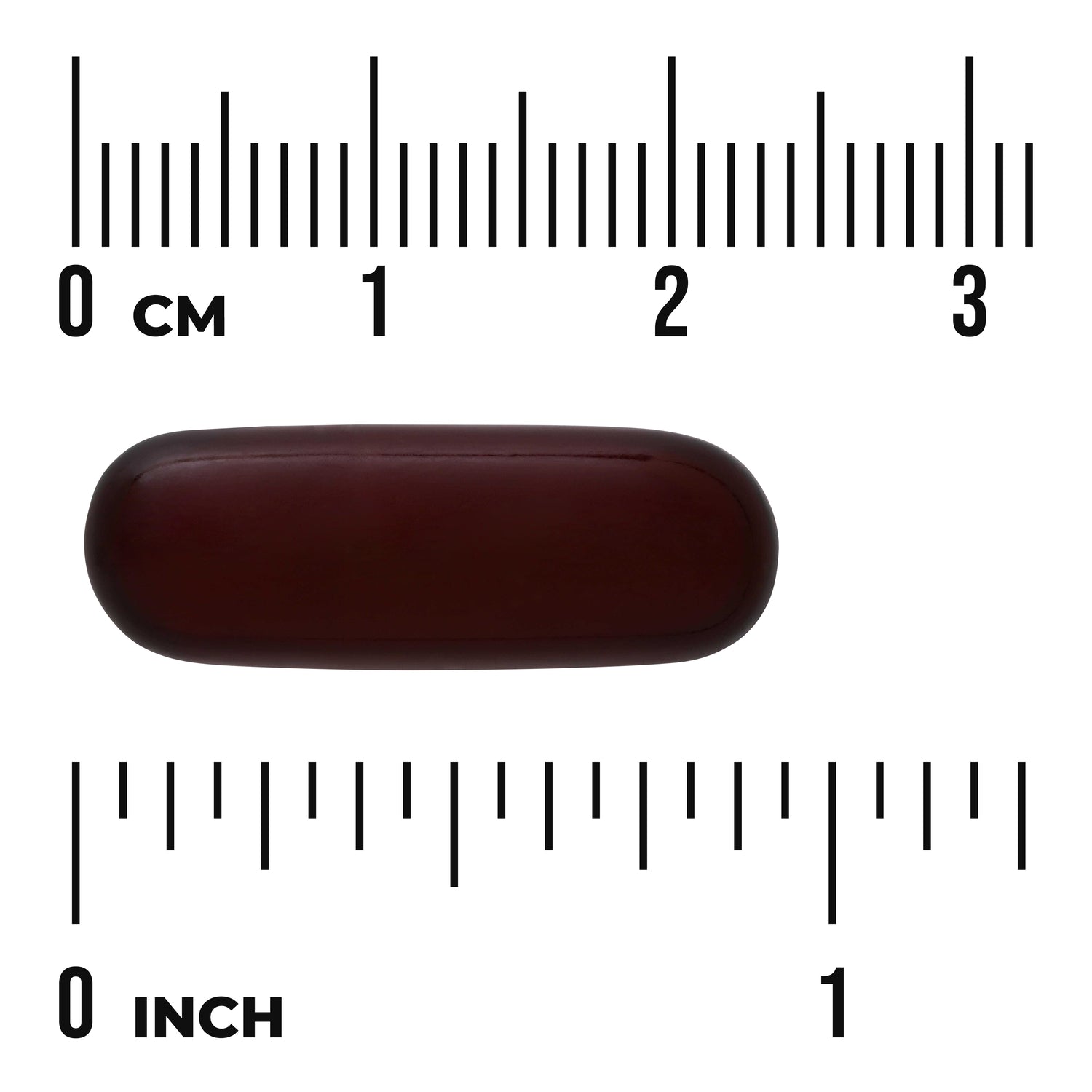 SWU876 | Dark brown oblong softgel centered between metric (cm) and inch rulers showing size