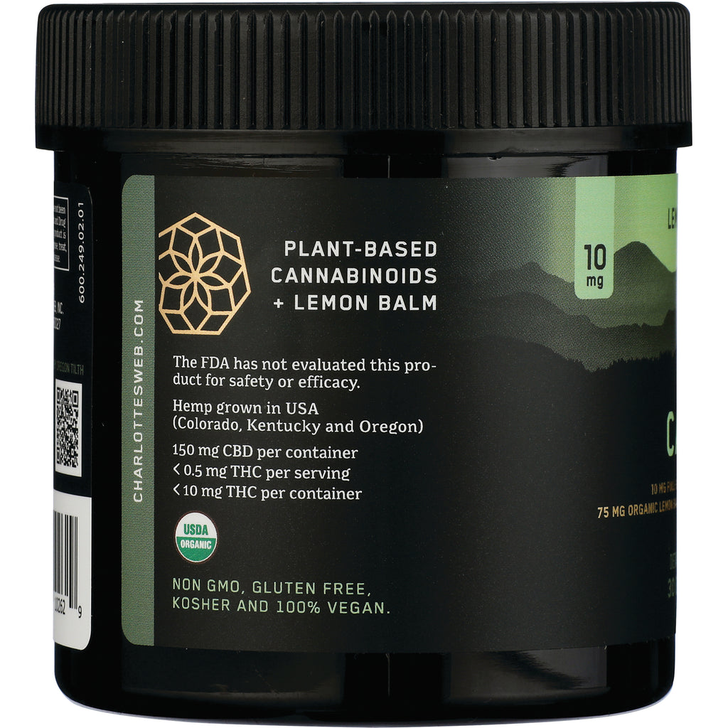 CHW031 | plant-based cannabinoids + lemon balm label showing USDA Organic badge, 150 mg CBD per container, non GMO gluten free - Thumbnail