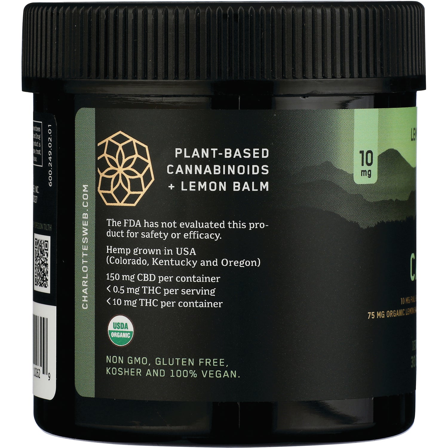 CHW031 | plant-based cannabinoids + lemon balm label showing USDA Organic badge, 150 mg CBD per container, non GMO gluten free