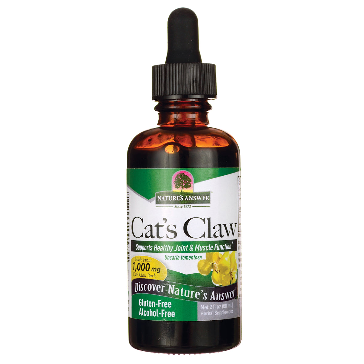 NAT016 | Nature's Answer Cat's Claw herbal supplement amber dropper bottle labeled Gluten-Free Alcohol-Free