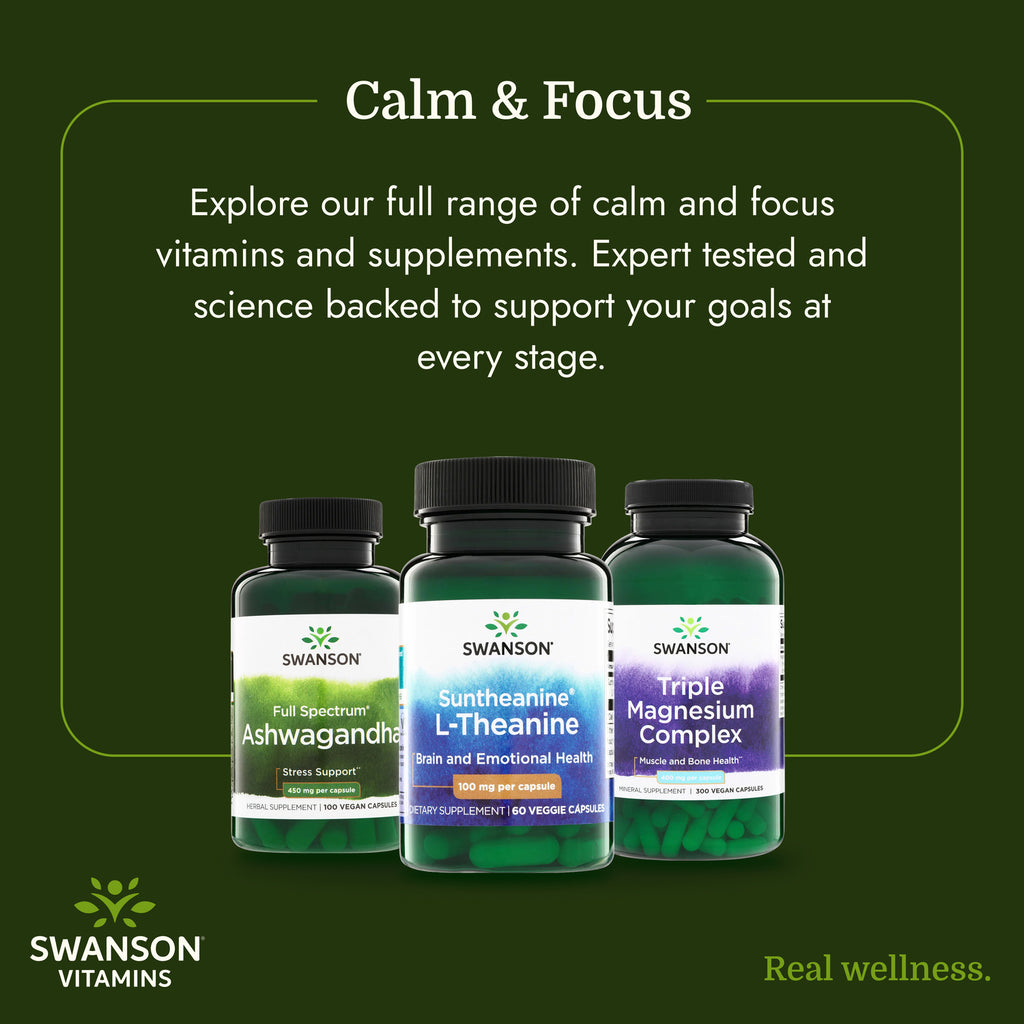 SWU110 | Swanson Calm & Focus supplements infographic with Ashwagandha, L-Theanine, and Magnesium bottles - Thumbnail