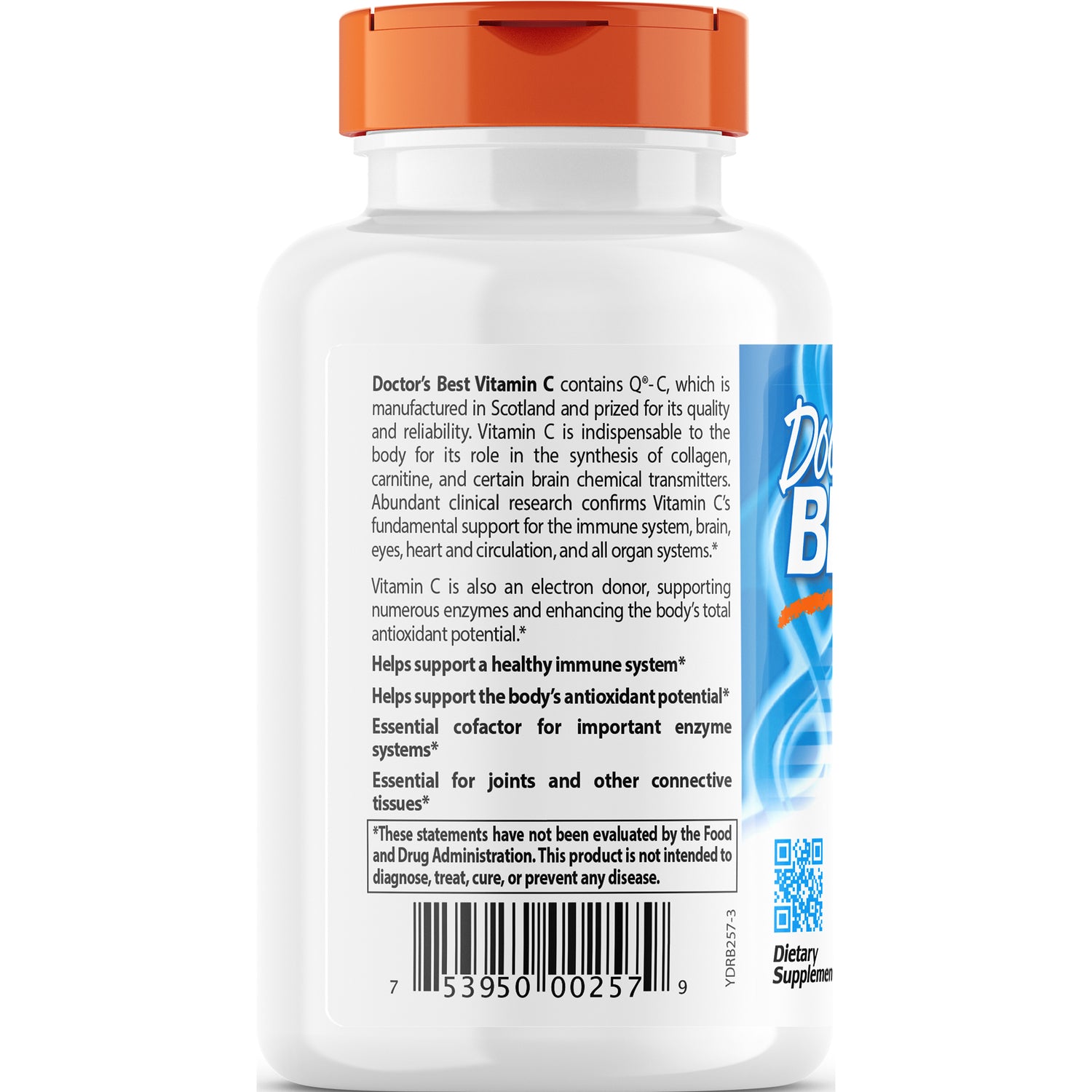 DB147 | back label of white supplement bottle with orange cap showing Doctor's Best Vitamin C text, benefits and barcode