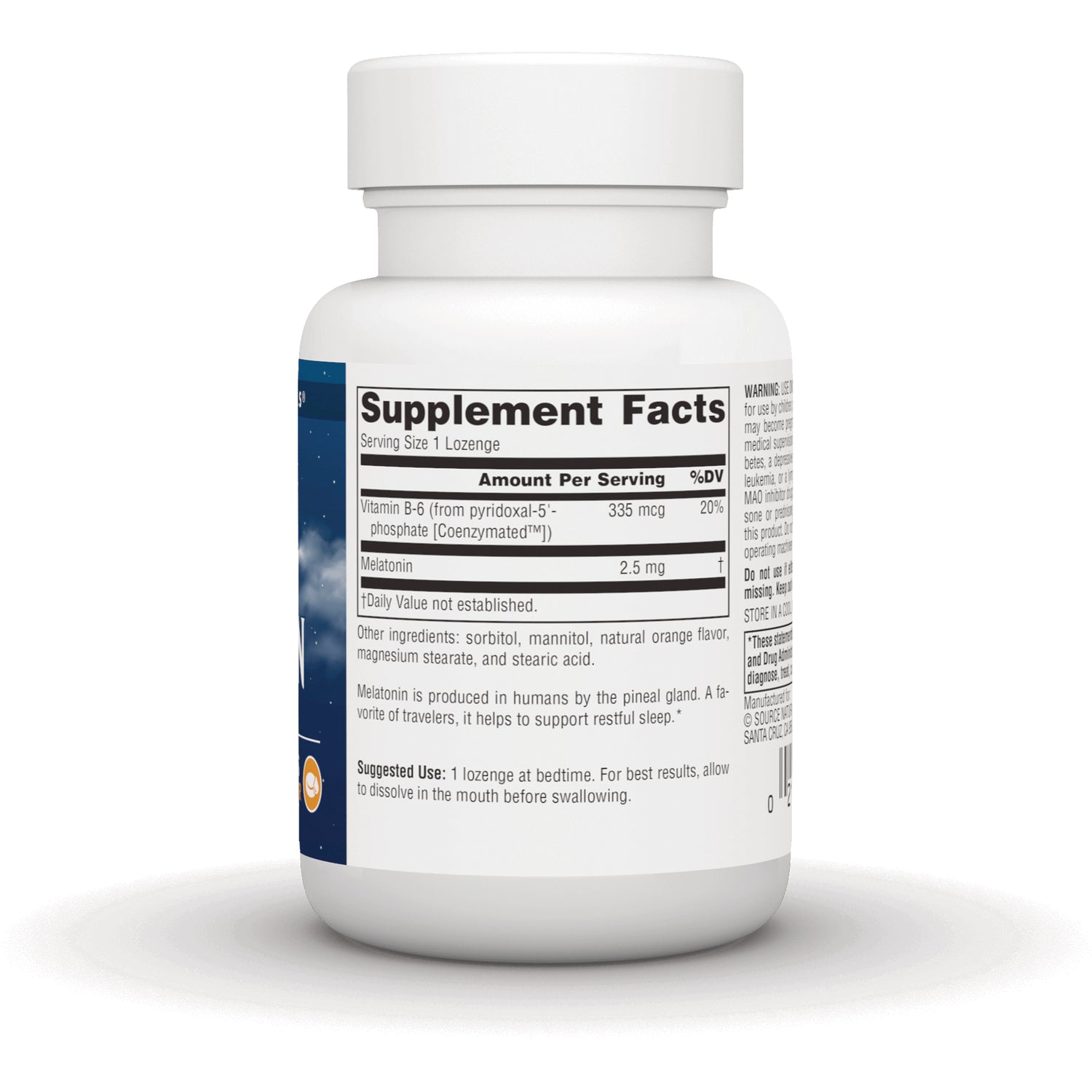 SN123 | Back label with Supplement Facts for melatonin lozenges, including Vitamin B-6 335 mcg and Melatonin 2.5 mg