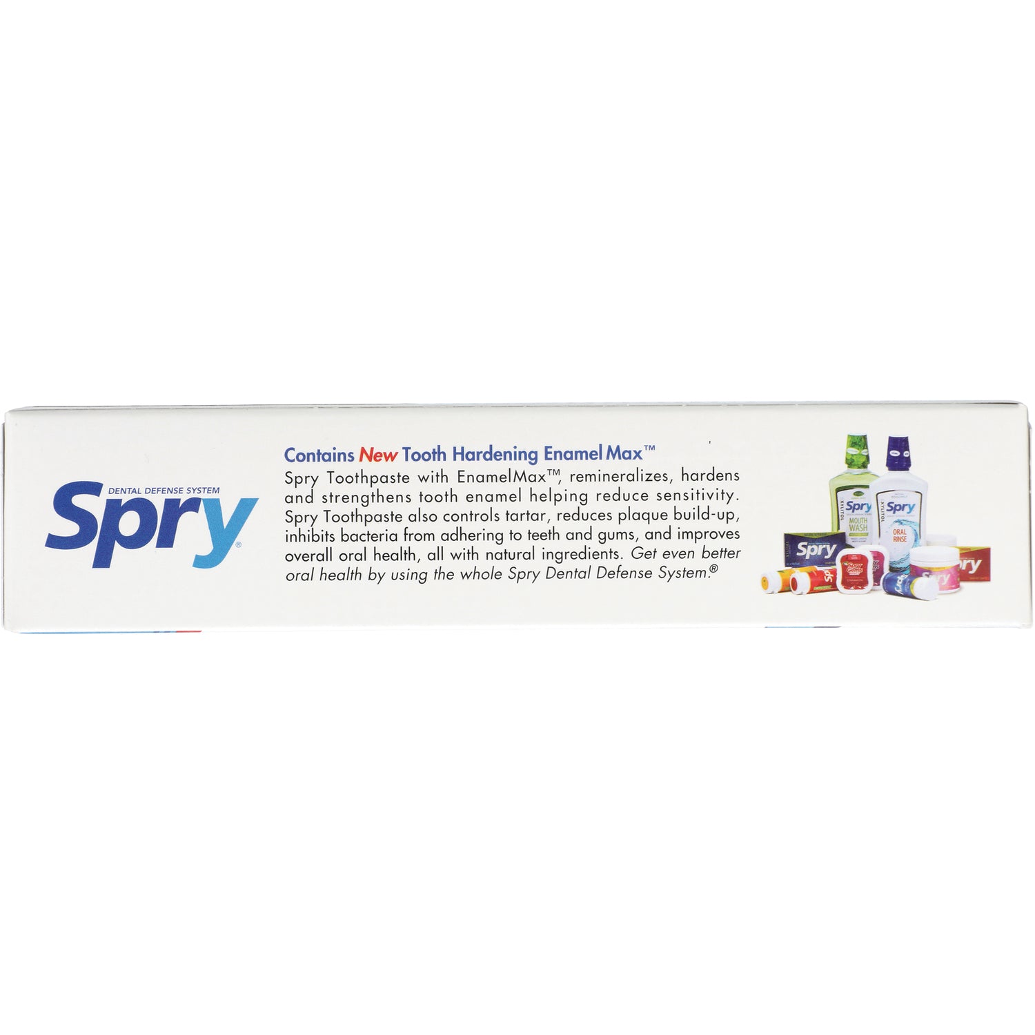 XL002 | Spry Toothpaste box back panel with 'Contains New Tooth Hardening Enamel Max' text