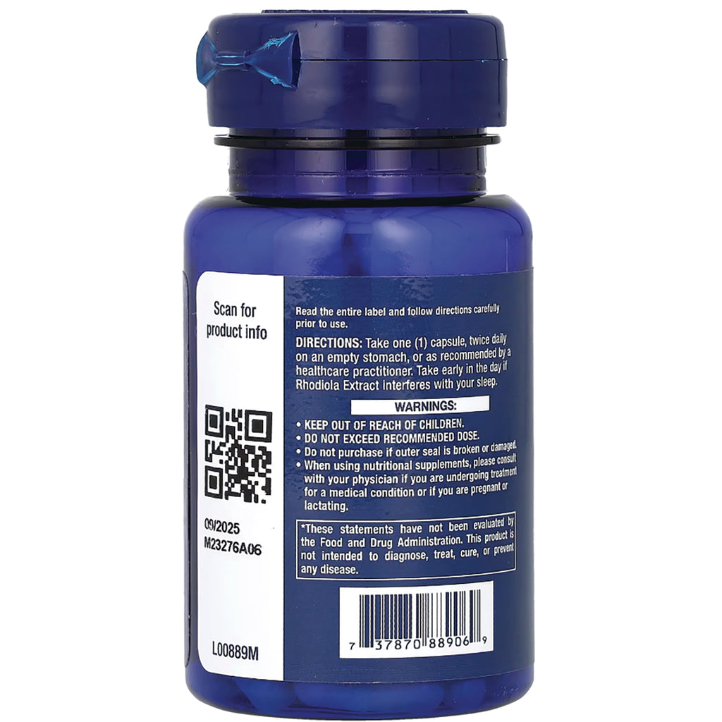 LE169 | Back of blue supplement bottle showing directions, warnings, QR code, barcode and tamper-evident cap - Thumbnail