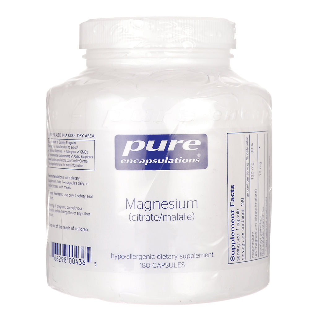 Pure Encapsulations Magnesium (citrate/malate) 180 capsules front label on white supplement jar - Thumbnail