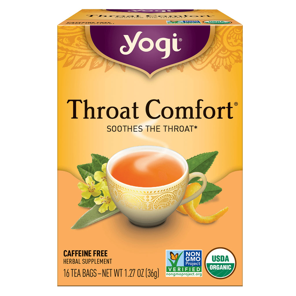 AHW033 | Yogi Throat Comfort tea box front, soothes the throat text, caffeine free, 16 tea bags - Thumbnail