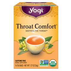 AHW033 | Yogi Throat Comfort tea box front, soothes the throat text, caffeine free, 16 tea bags