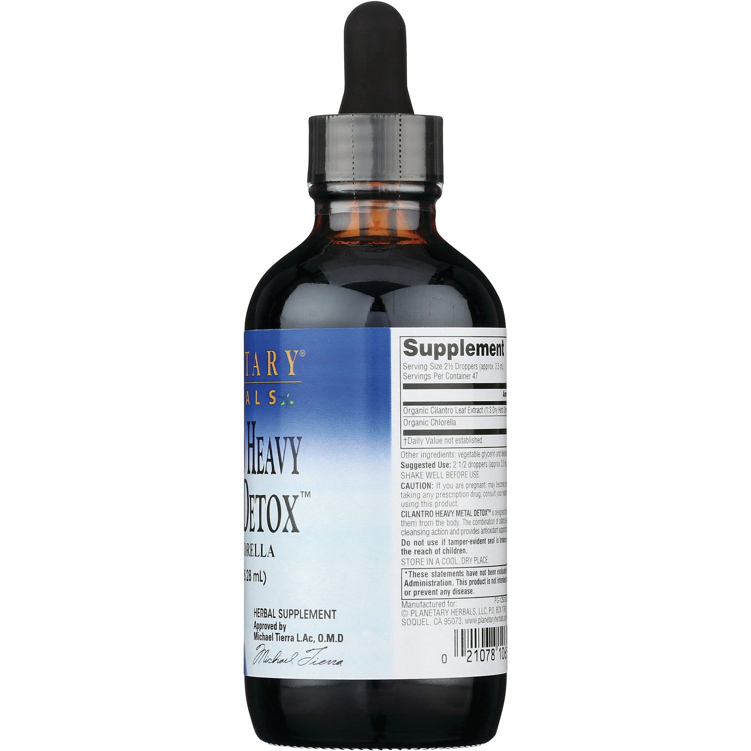 PF099 | Back of amber glass dropper bottle showing supplement facts panel and label text