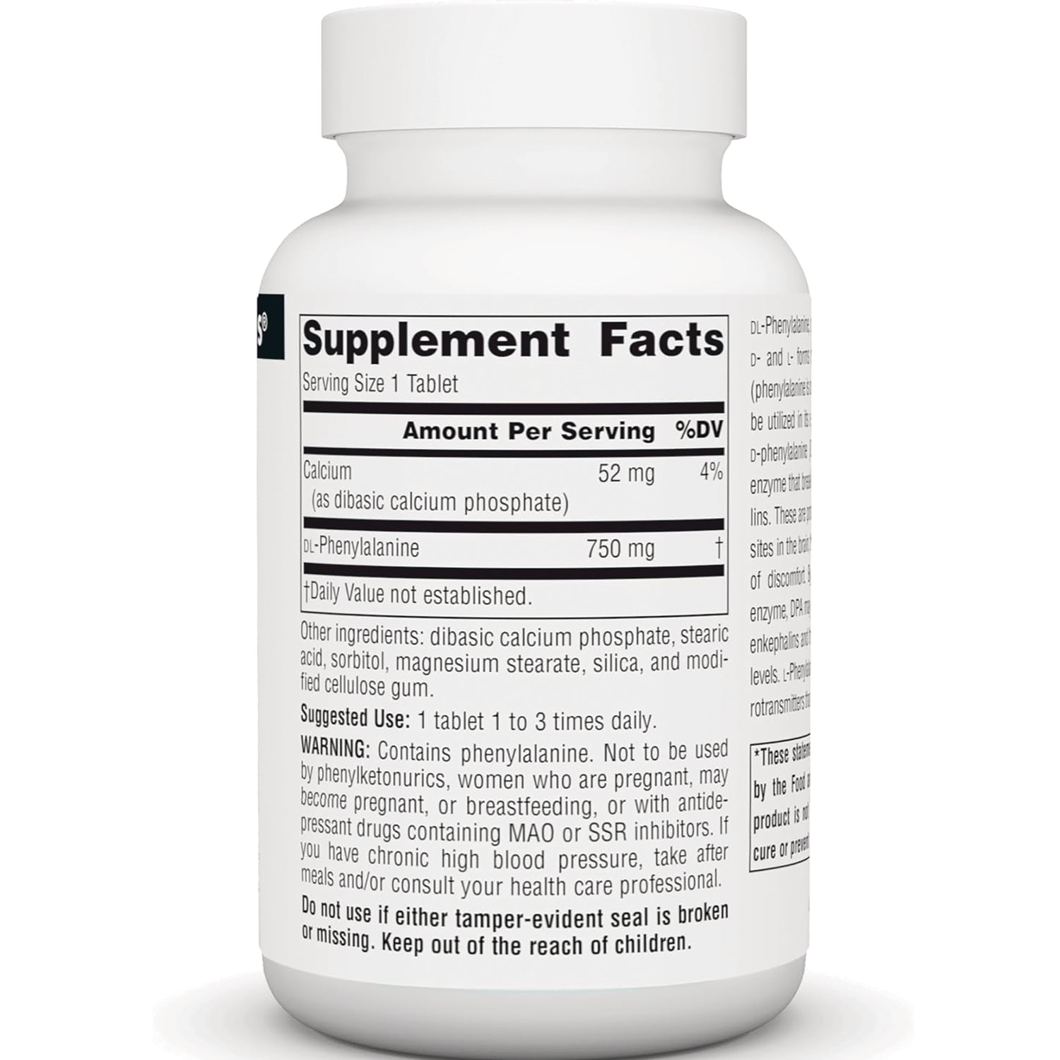SN338 | Back label with Supplement Facts panel, ingredients, suggested use, and warning text