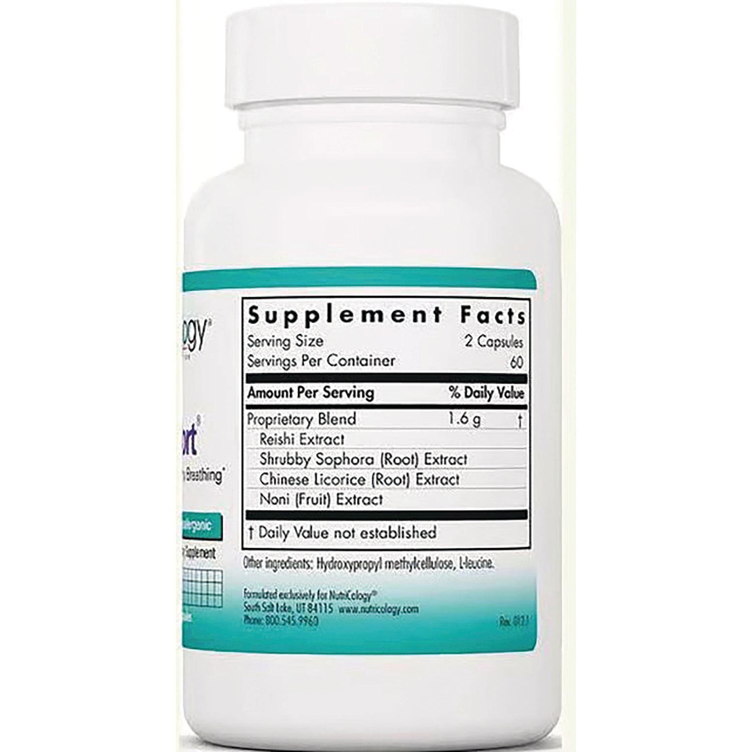 NCL044 | Back of white supplement bottle showing Supplement Facts panel listing proprietary blend and botanical extracts