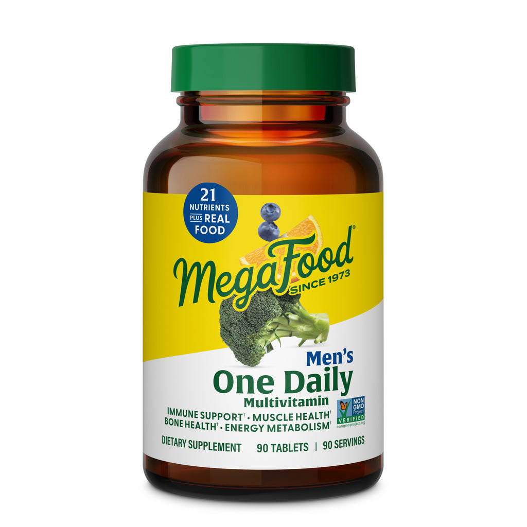 MGF005 | Amber supplement bottle with MegaFood yellow label reading Men's One Daily Multivitamin and broccoli image - Thumbnail