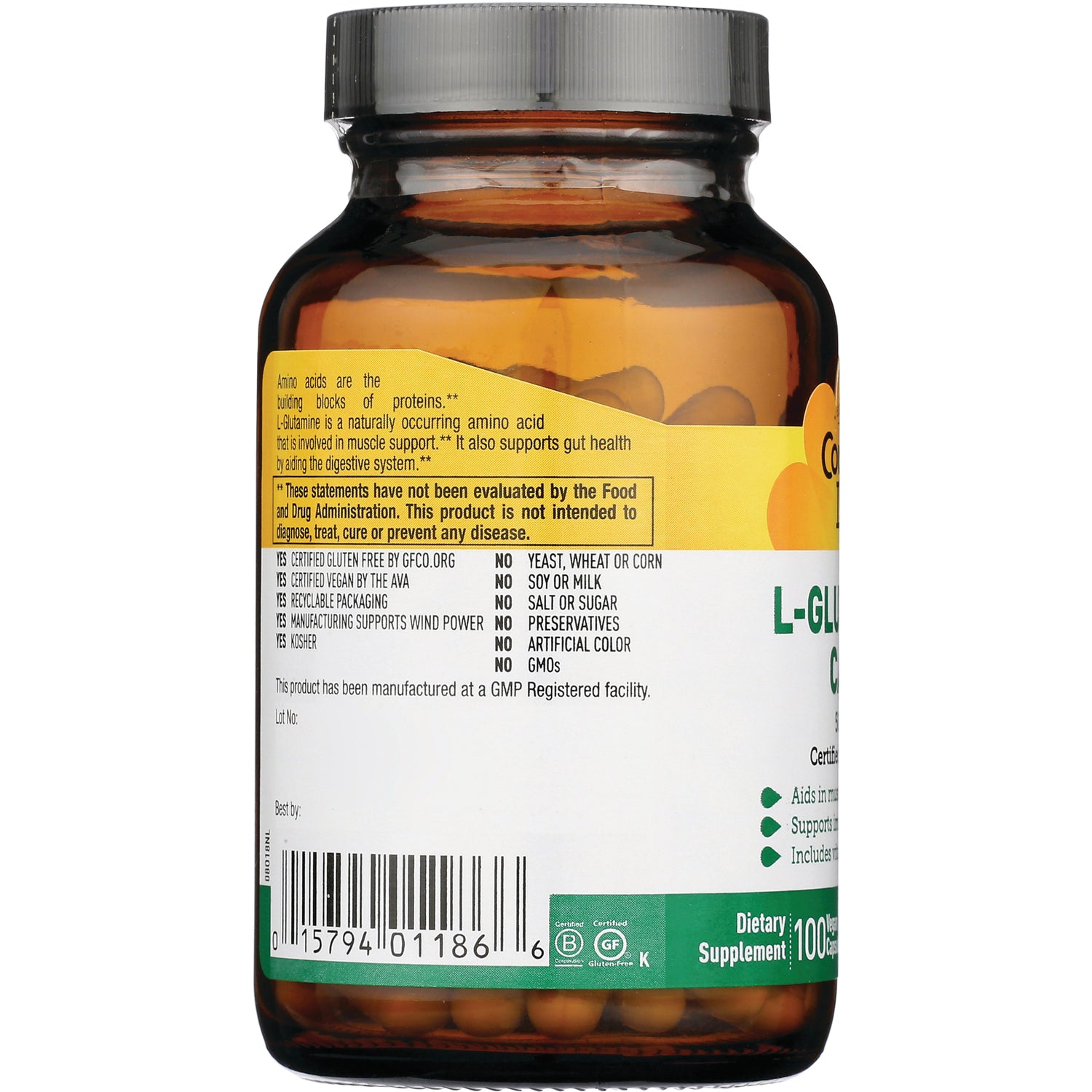 CRL481 | Back label of amber supplement bottle showing ingredient claims, nutrition panel and barcode