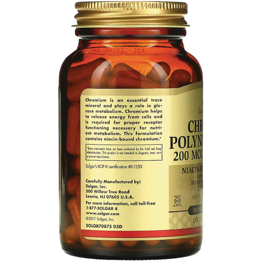 SLG321 | Amber supplement bottle back label showing Chromium Polynicotinate 200 mcg and manufacturer information - Thumbnail
