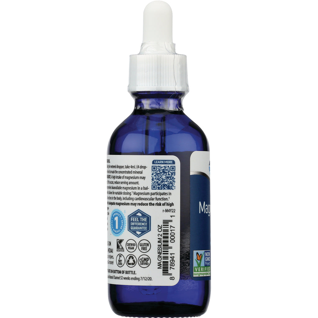 TM036 | Back of blue dropper bottle, magnesium 2 oz label with QR code and Non-GMO, vegan, gluten free, cGMP icons - Thumbnail