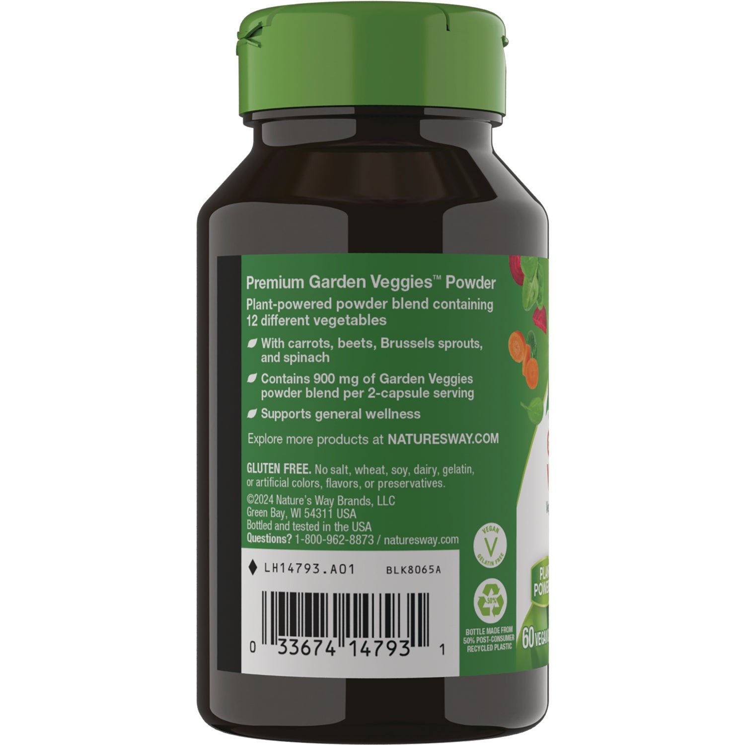 NW561 | Back label showing Premium Garden Veggies Powder description, gluten free claim and barcode