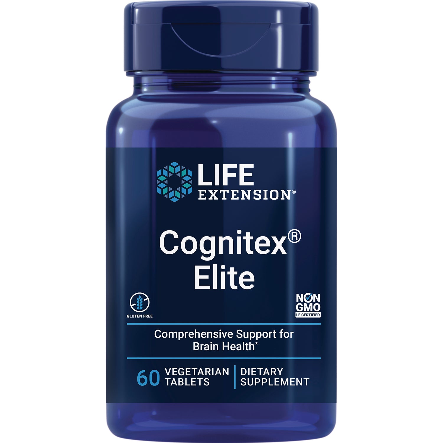 LE564 | Blue Life Extension Cognitex Elite bottle front, 60 vegetarian tablets dietary supplement for brain health