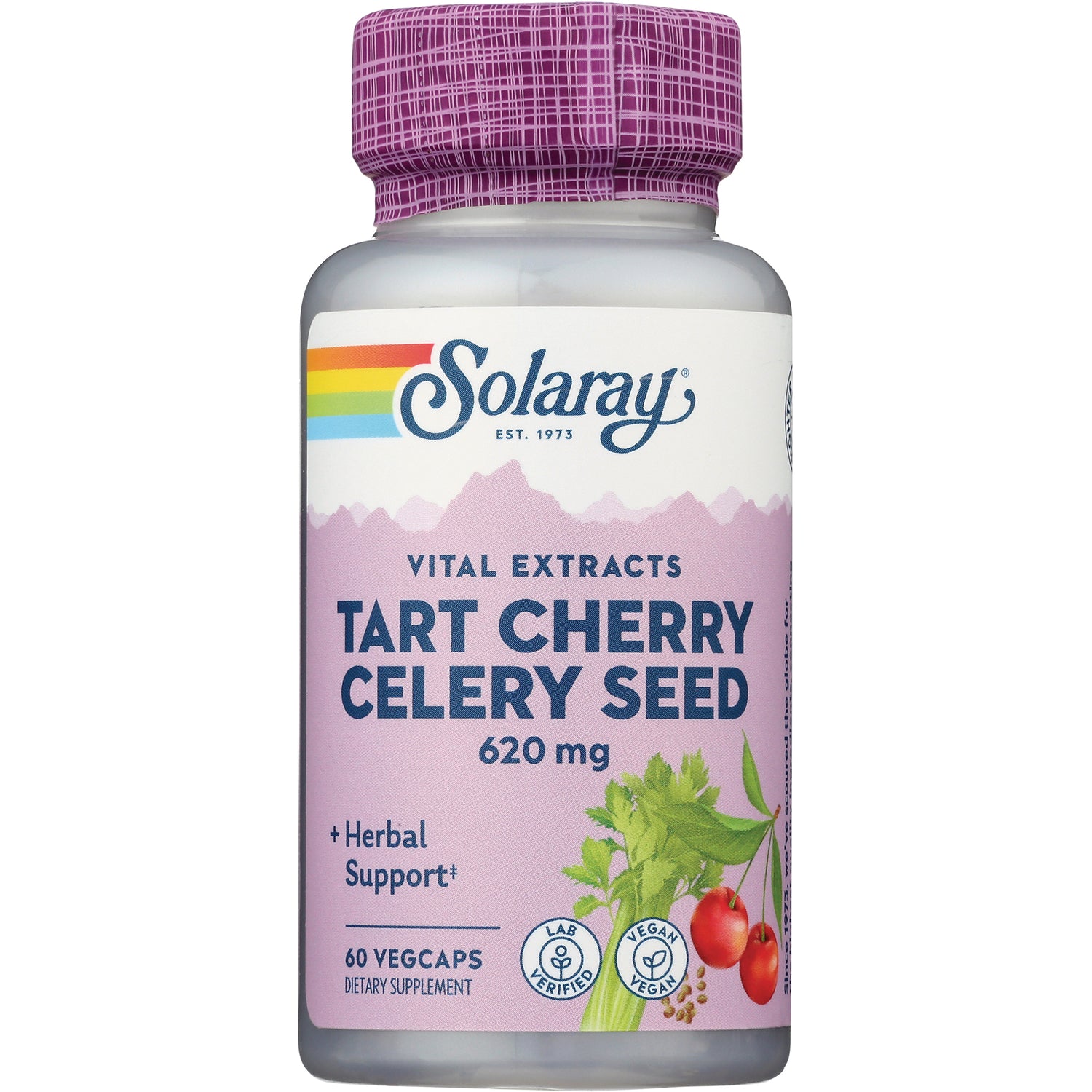 SLR495 | Solaray Tart Cherry Celery Seed 620 mg supplement bottle front label showing 60 vegcaps and vegan badge