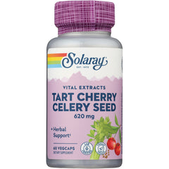 SLR495 | Solaray Tart Cherry Celery Seed 620 mg supplement bottle front label showing 60 vegcaps and vegan badge