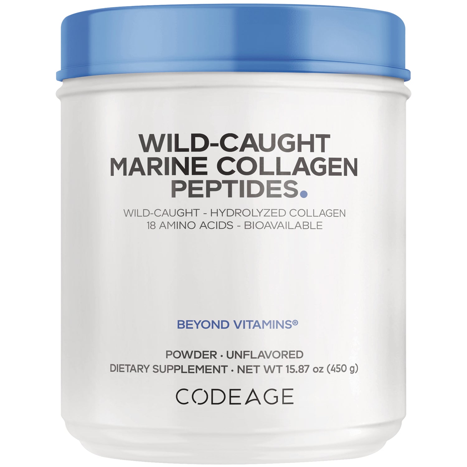 CDG071 | White bottle of Codeage Wild-Caught Marine Collagen Peptides, Unflavored Powder, 15.87 oz
