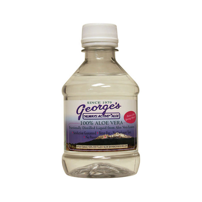 George's 100% Aloe Vera distilled liquid in clear plastic bottle with white cap and front label
