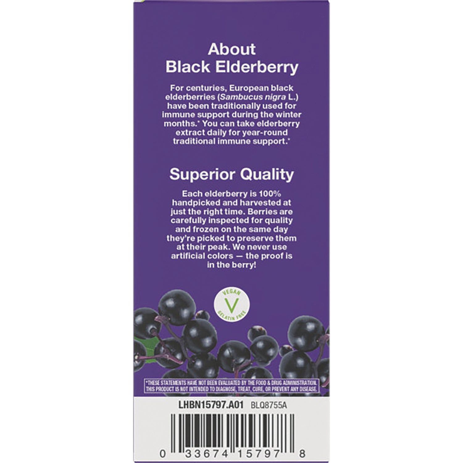 NW807 | purple panel titled About Black Elderberry and Superior Quality with elderberry berries and barcode