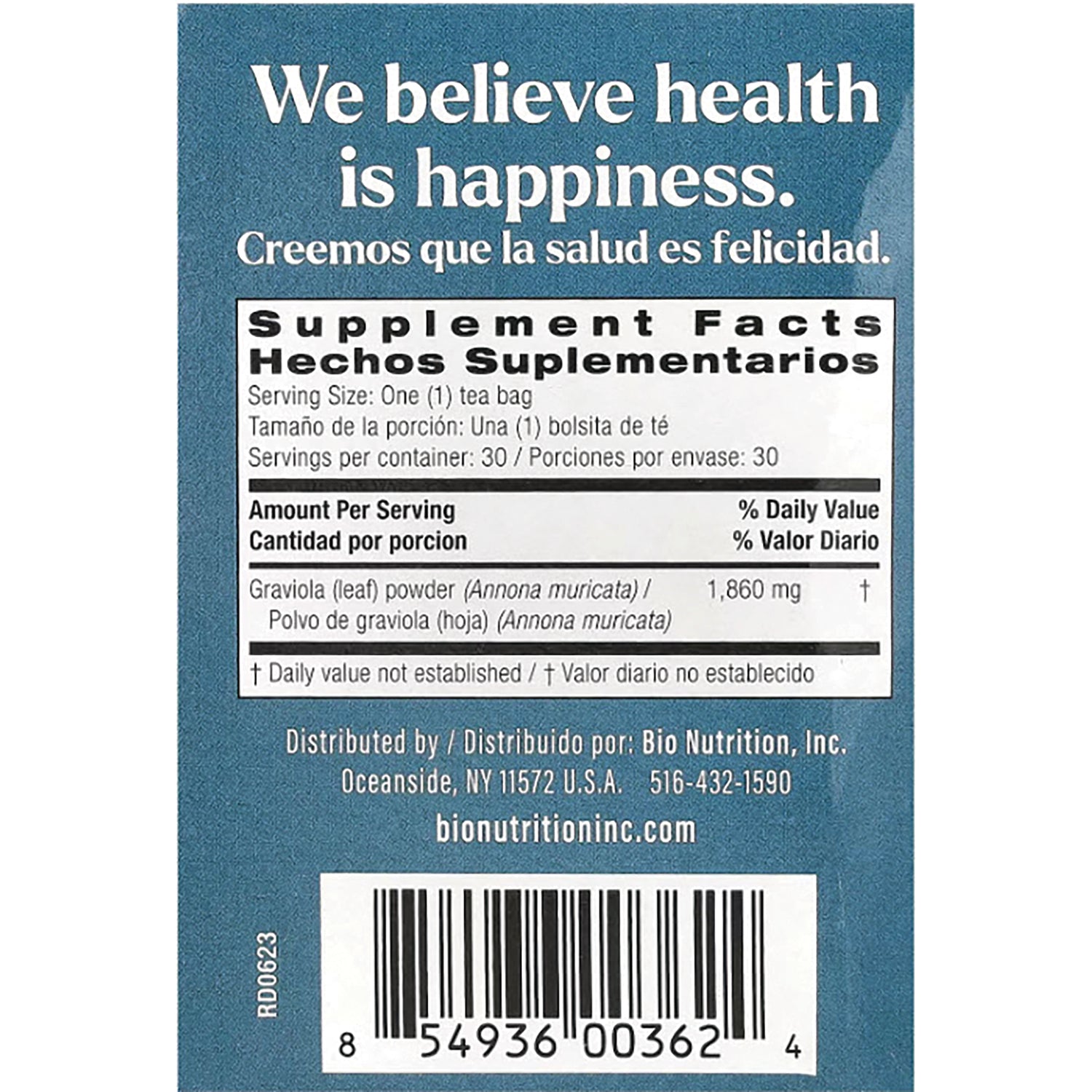 BNN061 | back label with Supplement Facts showing Graviola (Annona muricata) leaf powder 1,860 mg, barcode