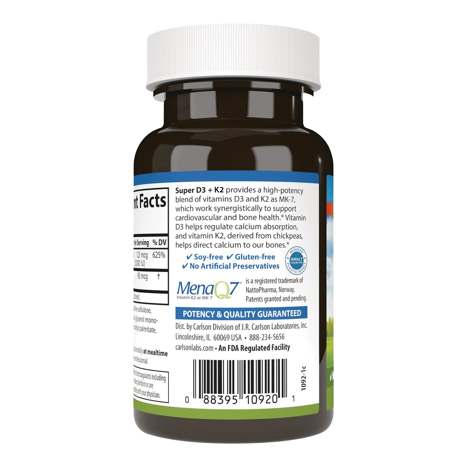 CSN330 | Back label of brown supplement bottle showing supplement facts, MenaQ7 logo and barcode