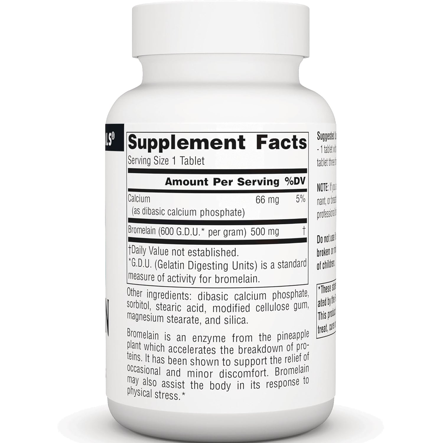 SN102 | Back label showing Supplement Facts, serving size 1 tablet, and ingredients