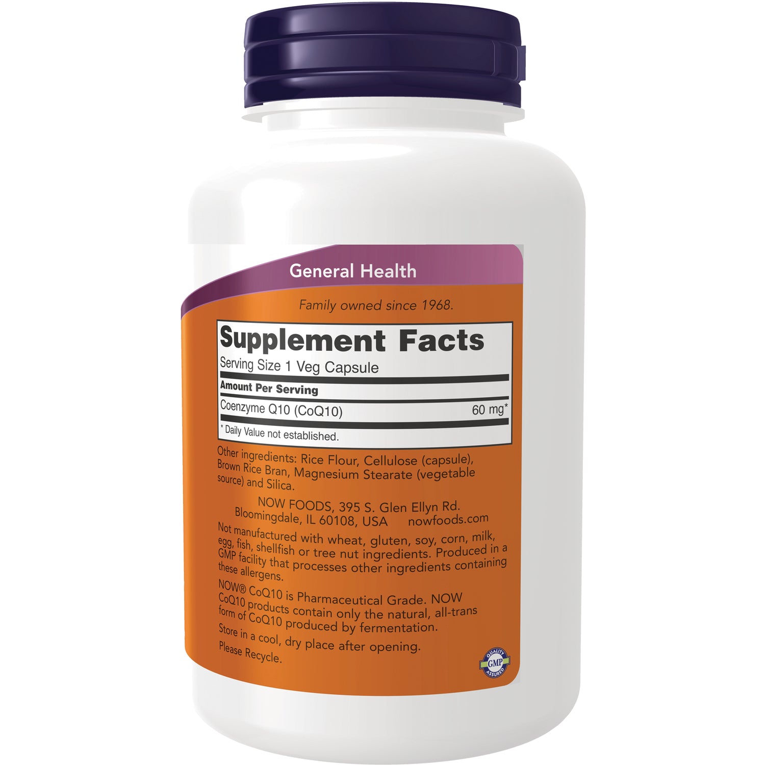 NWF869 | Back of white supplement bottle showing Supplement Facts panel and ingredients list, CoQ10 60 mg serving